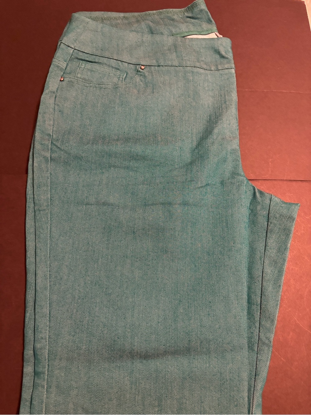 Denim & Co D&Co Teal Green Pull-On Stretch Pants Decorative Pockets NWOT